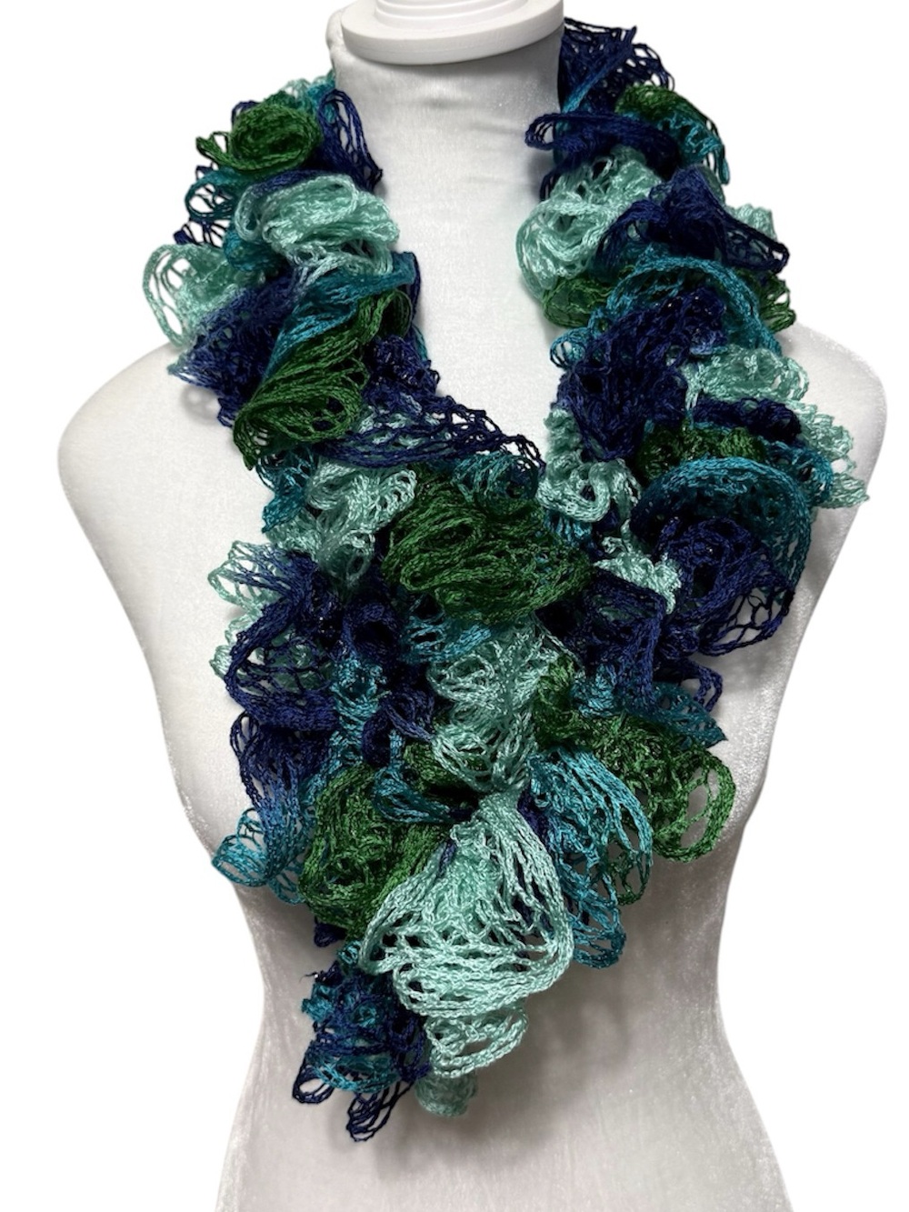 Handmade Ruffle Crochet Scarf Women’s Open Knit Ocean Sea Forest Blue Green Teal
